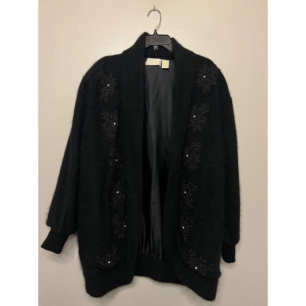 Belldini Vintage Angora Black Lambs Wool Beaded Cardigan Sweater Oversized Glam